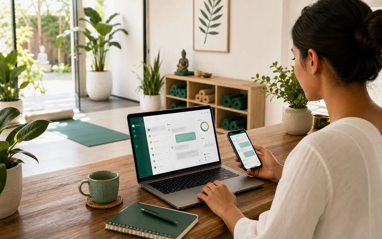 Yoga studio owner reviewing student messages on a laptop
